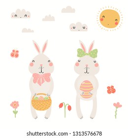Hand drawn vector illustration of cute Easter bunnies, with basket, eggs, sun, clouds, flowers. Isolated objects on white background. Scandinavian style flat design. Concept for kids print, card.