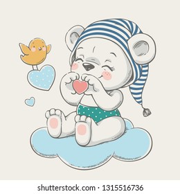 Hand drawn vector illustration of a cute baby bear in a striped nightcap, sitting on the cloud.