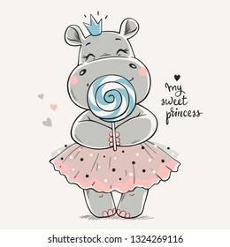 Hand drawn vector illustration of a cute hippo princess in a pink dress and with a big lollipop in her hands.