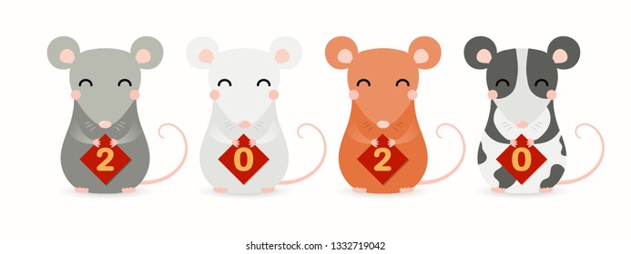 Hand drawn vector illustration of cute little rats holding cards with numbers 2020. Isolated objects on white background. Design element for Chinese New Year greeting card, holiday banner, decor.