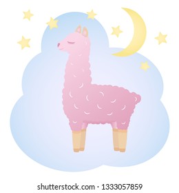 Hand drawn vector illustration of a cute pink fluffy llama with stars and crescent moon. 