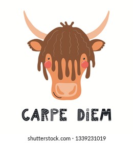 Hand drawn vector illustration of a cute funny yak face, with lettering quote Carpe diem. Isolated objects on white background. Scandinavian style flat design. Concept for children print.