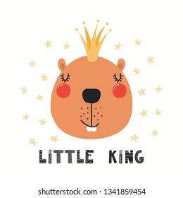 Hand drawn vector illustration of a cute funny beaver in a crown, with lettering quote Little king. Isolated objects on white background. Scandinavian style flat design. Concept for children print.