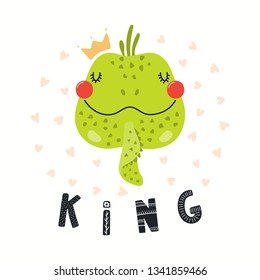 Hand drawn vector illustration of a cute funny iguana in a crown, with lettering quote King. Isolated objects on white background. Scandinavian style flat design. Concept for children print.