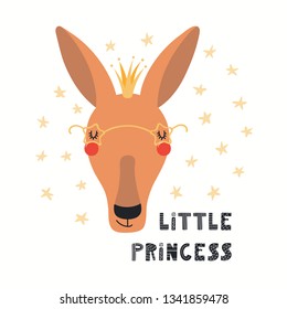 Hand drawn vector illustration of a cute funny kangaroo in a crown, with lettering quote Little princess. Isolated objects on white background. Scandinavian style flat design. Concept for kids print.