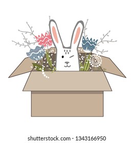 Hand drawn vector illustration of cute romantic bunny girl with flower in the cardboard box. Print can be used for kids or baby shirts, Easter design