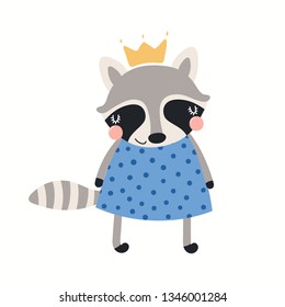 Hand drawn vector illustration of a cute funny raccoon girl in a dress. Isolated objects on white background. Scandinavian style flat design. Concept for children print.
