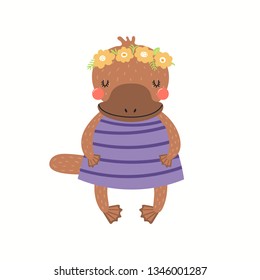 Hand drawn vector illustration of a cute funny platypus girl in a dress. Isolated objects on white background. Scandinavian style flat design. Concept for children print.