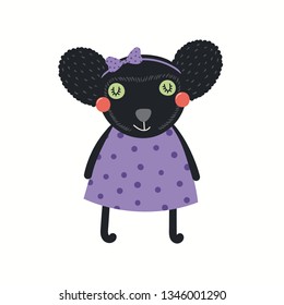 Hand drawn vector illustration of a cute funny indri girl in a dress. Isolated objects on white background. Scandinavian style flat design. Concept for children print.