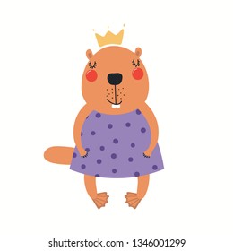 Hand drawn vector illustration of a cute funny beaver girl in a dress. Isolated objects on white background. Scandinavian style flat design. Concept for children print.