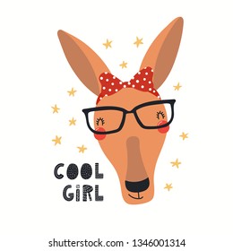 Hand drawn vector illustration of a cute hipster kangaroo in glasses, with lettering quote Cool girl. Isolated objects on white background. Scandinavian style flat design. Concept for children print.