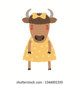 Hand drawn vector illustration of a cute funny bison girl in a dress. Isolated objects on white background. Scandinavian style flat design. Concept for children print.