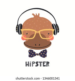 Hand drawn vector illustration of a cute hipster platypus in glasses, with lettering quote Hipster. Isolated objects on white background. Scandinavian style flat design. Concept for children print.