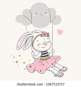 Hand drawn vector illustration of a cute
bunny girl in a pink dress, swinging on a cloud.