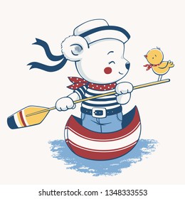 Hand drawn vector illustration of a cute baby bear steering a gondola.