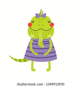Hand drawn vector illustration of a cute funny iguana girl in a dress. Isolated objects on white background. Scandinavian style flat design. Concept for children print.
