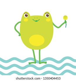 Hand drawn vector illustration of a cute happy frog girl with lily flower. Concept for children print. - Vector