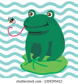 Hand drawn vector illustration of a cute happy frog sitting on a leaf and catching a fly. Hello summer. Concept for children print. - Vector