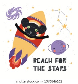 Hand drawn vector illustration of a cute indri astronaut flying rocket in space, with quote Reach for the stars. Isolated objects on white. Scandinavian style flat design. Concept for children print.