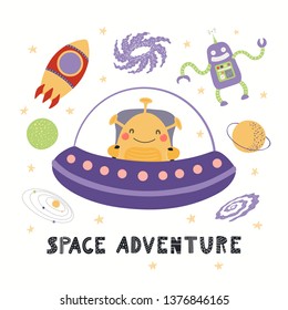 Hand drawn vector illustration of a cute alien in space, with lettering quote Space adventure. Isolated objects on white background. Scandinavian style flat design. Concept for children print.