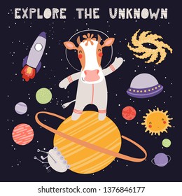 Hand drawn vector illustration of a cute cow astronaut in space on another planet, with quote Explore the unknown. Isolated objects on dark. Scandinavian style flat design. Concept for children print.