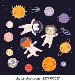 Hand drawn vector illustration of cute animal astronauts in space, among the plaents of solar system. Isolated objects on dark background. Scandinavian style flat design. Concept for children print.