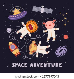 Hand drawn vector illustration of cute animal astronauts, alien in space, with lettering quote Space adventure. Isolated objects on dark. Scandinavian style flat design. Concept for children print.