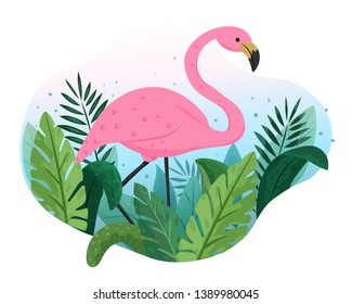 Hand drawn vector illustration of a cute pink flamingo bird, tropical leaves. Exotical plants. Isolated on white background. Poster or t-shirt design.