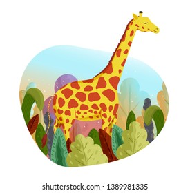 Hand drawn vector illustration of a cute giraffe and colorful leaves. Exotical plants. Isolated on white background. Poster or t-shirt design.
