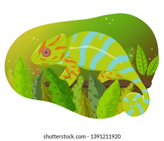 Hand drawn vector illustration of a cute cartoon chameleon sitting on branch. Exotical plants. Isolated on white background. Poster or t-shirt design.