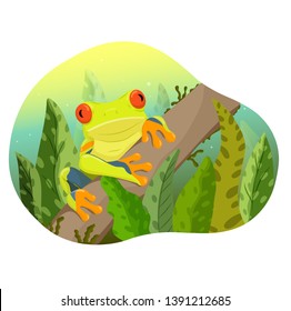 Hand drawn vector illustration of a cute exotical frog sitting on branch. Tropical plants. Isolated on white background. Poster or t-shirt design.