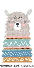 Hand drawn vector illustration of a cute funny llama. Isolated objects on white. Scandinavian style flat design.