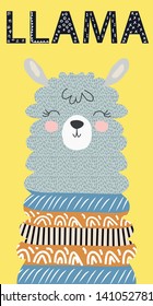 Hand drawn vector illustration of a cute funny llama face Scandinavian style flat design. Inscription Lama