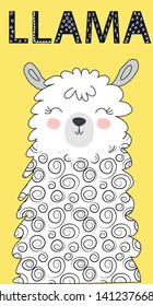 Hand drawn vector illustration of a cute funny llama. Isolated objects on white. Inscription Lama. Scandinavian style flat design.