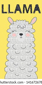 Hand drawn vector illustration of a cute funny llama. Isolated objects on white. Inscription Lama. Scandinavian style flat design.