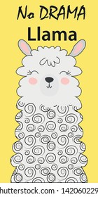 Hand drawn vector illustration of a cute funny llama. Isolated objects on white. Inscription No Drama - Lama. Scandinavian style flat design.