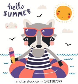 Hand drawn vector illustration of a cute raccoon swimming, with lettering quote Hello Summer. Isolated objects on white background. Scandinavian style flat design. Concept for children print.