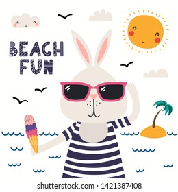 Hand drawn vector illustration of a cute bunny in summer in sunglasses, lettering quote Beach fun. Isolated objects on white background. Scandinavian style flat design. Concept for children print.