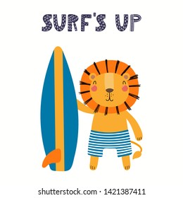 Hand drawn vector illustration of a cute lion in summer, with surfboard, lettering quote Surfs up. Isolated objects on white background. Scandinavian style flat design. Concept for children print.