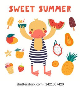 Hand drawn vector illustration of a cute duck in summer, with fruits, food, lettering quote Sweet summer. Isolated objects on white background. Scandinavian style flat design. Concept children print.