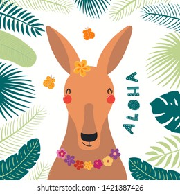 Hand drawn vector illustration of a cute kangaroo in summer in flower necklace, with lettering Aloha. Isolated objects on white background. Scandinavian style flat design. Concept for children print.