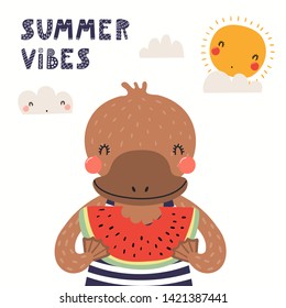 Hand drawn vector illustration of a cute platypus eating watermelon, with lettering quote Summer vibes. Isolated objects on white background. Scandinavian style flat design. Concept for children print