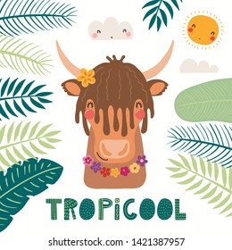 Hand drawn vector illustration of a cute yak in summer in flower necklace, with lettering quote Tropicool. Isolated objects on white background. Scandinavian style flat design. Concept for kids print.