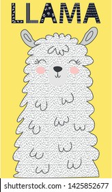 Hand drawn vector illustration of a cute funny llama. Isolated objects on white. Inscription Lama. Scandinavian style flat design.