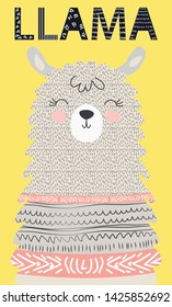 Hand drawn vector illustration of a cute funny llama face Scandinavian style flat design. Inscription Lama