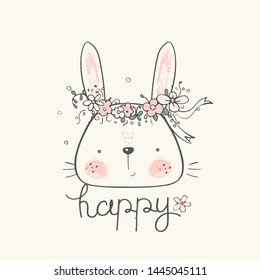 Hand Drawn Vector Illustration Of Cute Romantic Bunny Girl With Circlet Of Flowers/can Be Used For Kid's Or Baby's Shirt Design/fashion Print Design/fashion Graphic