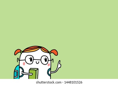 Hand drawn vector illustration with cute student in cartoon style with backpack pointing attention at wall girl red green