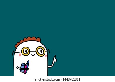 Hand drawn vector illustration with cute student in cartoon style with backpack pointing attention at wall boy in glasses nerd