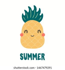 Hand drawn vector illustration of a cute funny pineapple, with quote Summer. Isolated objects on white background. Flat style design. Color drawing. Concept for summer children print.