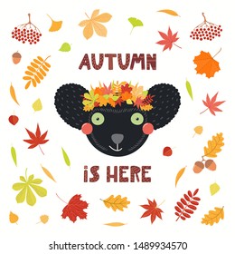 Hand drawn vector illustration of a cute indri lemur in leaves wreath, with quote Autumn is here. Isolated objects on white background. Scandinavian style flat design. Concept for children print.
